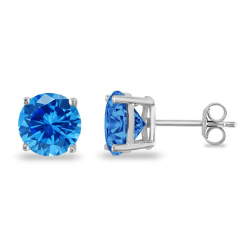 Butterfly Prong Round Simulated Blue Topaz CZ Stud Earrings 925 Sterling Silver